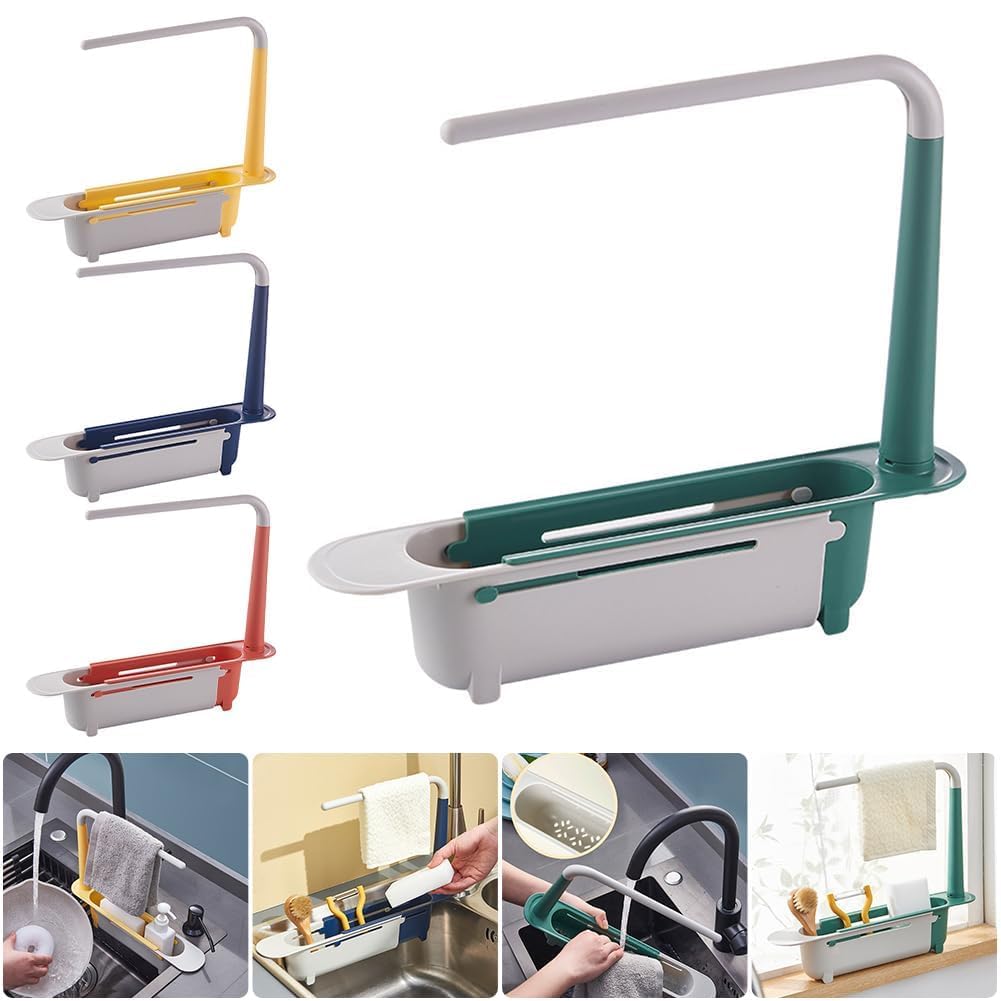 Sink Storage Rack Adjustable Expandable Kitchen Sink Organizer with Towel Bar and Drain Basket