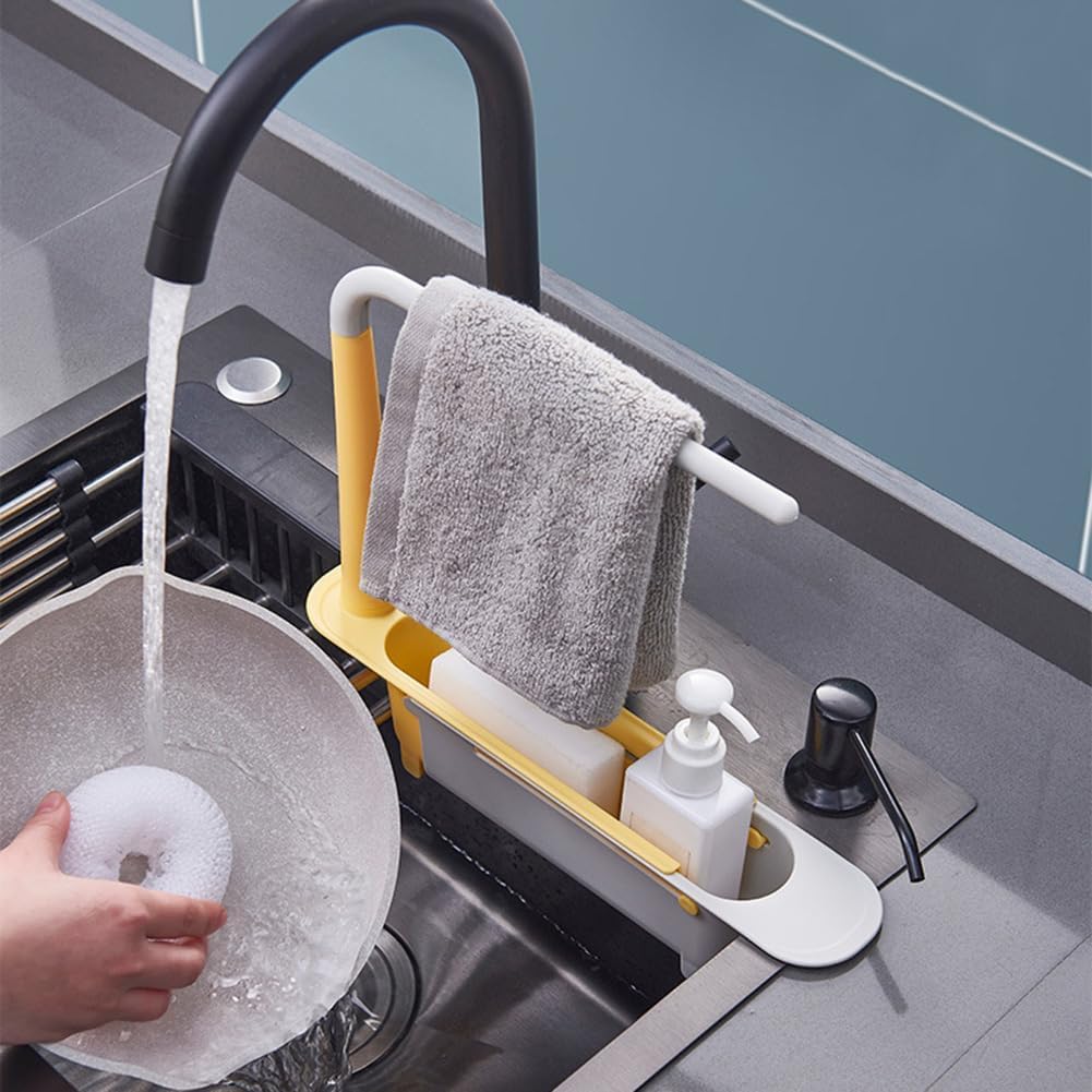 Sink Storage Rack Adjustable Expandable Kitchen Sink Organizer with Towel Bar and Drain Basket