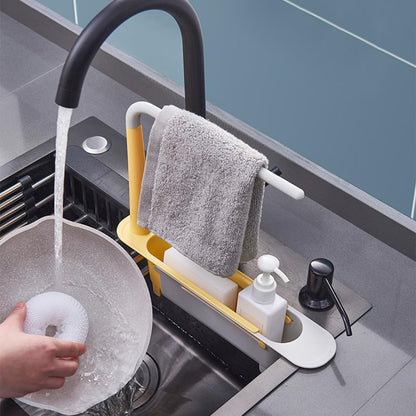 Sink Storage Rack Adjustable Expandable Kitchen Sink Organizer with Towel Bar and Drain Basket